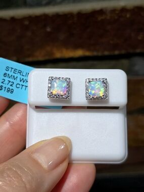 925 Sterling Silver 2.72ct Lab White Opal Halo Stud Earrings AAA Cubic Zirconia